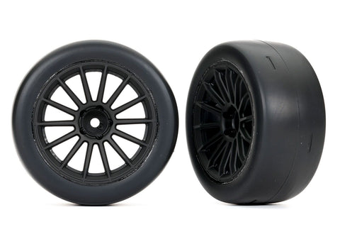 TRA9375 Tires & wheels, assembled, glued (multi-spoke black wheels, 2.0" slick tires, foam inserts) (rear) (2)