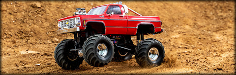 TRA98064-1  TRX-4MT™ with Chevrolet® K10 pickup body: 1/18 scale 4X4 monster truck, fully-assembled, Ready-To-Drive®, with TQ™ 2.4 GHz 2-channel transmitter, and ECM-2.5 waterproof electronics(AVAILABLE IN BLACK OR RED)