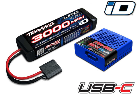 TRA2985-2S  Battery/charger completer pack (includes #2985 charger (1), #2827X 3000mAh 7.4V 2-cell 20C LiPo iD® Battery (1))