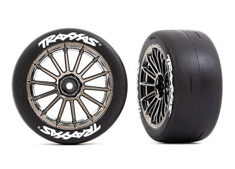 TRA9375R  Tires & wheels, assembled, glued (multi-spoke black chrome wheels, 2.0" slick tires with Traxxas® logo, foam inserts) (rear) (2) (VXL rated)