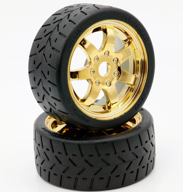 PHBPHT5101GOLD   Power Hobby - 1/8 Gripper 42/100 Belted Mounted Tires 17mm Gold Wheels