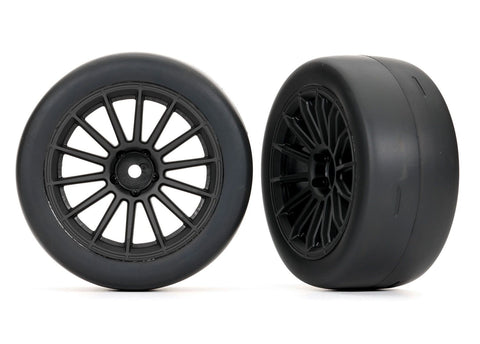 TRA9374 Tires & wheels, assembled, glued (multi-spoke black wheels, 2.0" slick tires, foam inserts) (front) (2)