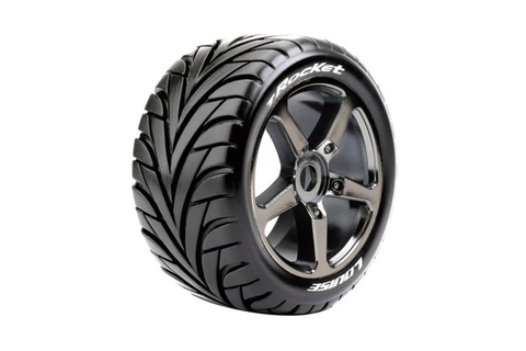 LOULT3250SBC  Louise R/C - T-Rocket 1/8 Off-Road Truggy Tires, 0" Offset, 17mm on Black Chrome Spoke Rim, Front/Rear (2)