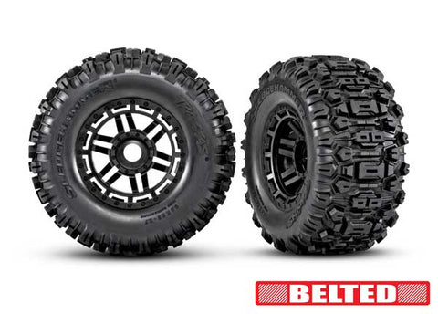 TRA8979   Tires & wheels, assembled, glued (black wheels, belted Sledgehammer® All-Terrain tires, dual profile (2.9" outer, 3.8" inner), foam inserts) (2) (17mm splined) (TSM® rated)