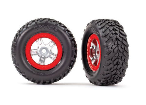 TRA7073A  Tires & wheels, assembled, glued (SCT satin chrome wheels, red beadlock style, SCT off-road racing tires, foam inserts) (1 each, right & left)