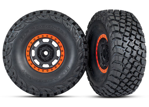 TRA8472 - Tires and wheels, assembled, glued (Desert Racer wheels, black with orange beadlock, BFGoodrich® Baja KR3 tires) (2)