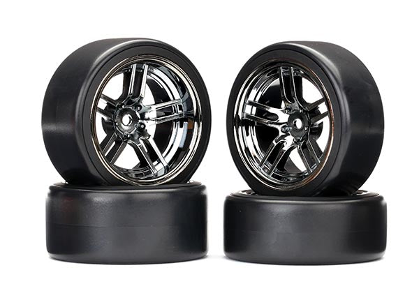 TRA8378 - Tires and wheels, 1.9' Drift tires (front and rear)  split-spoke black chrome wheels