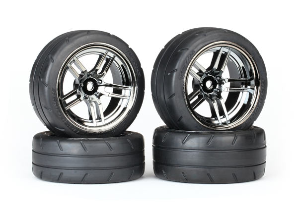 TRA8375 Tires & wheels, assembled, glued (split-spoke black chrome wheels,1.9' Response tires, foam inserts) (front (2), rear (extra wide) (2)) (VXL rated)