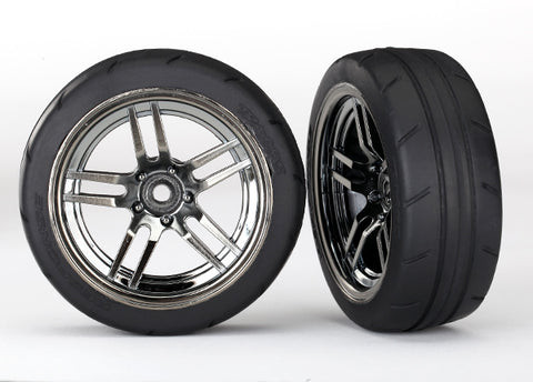 TRA8373 Tires and wheels, assembled, glued (split-spoke black chrome wheels, 1.9' Response tires) (front) (2)