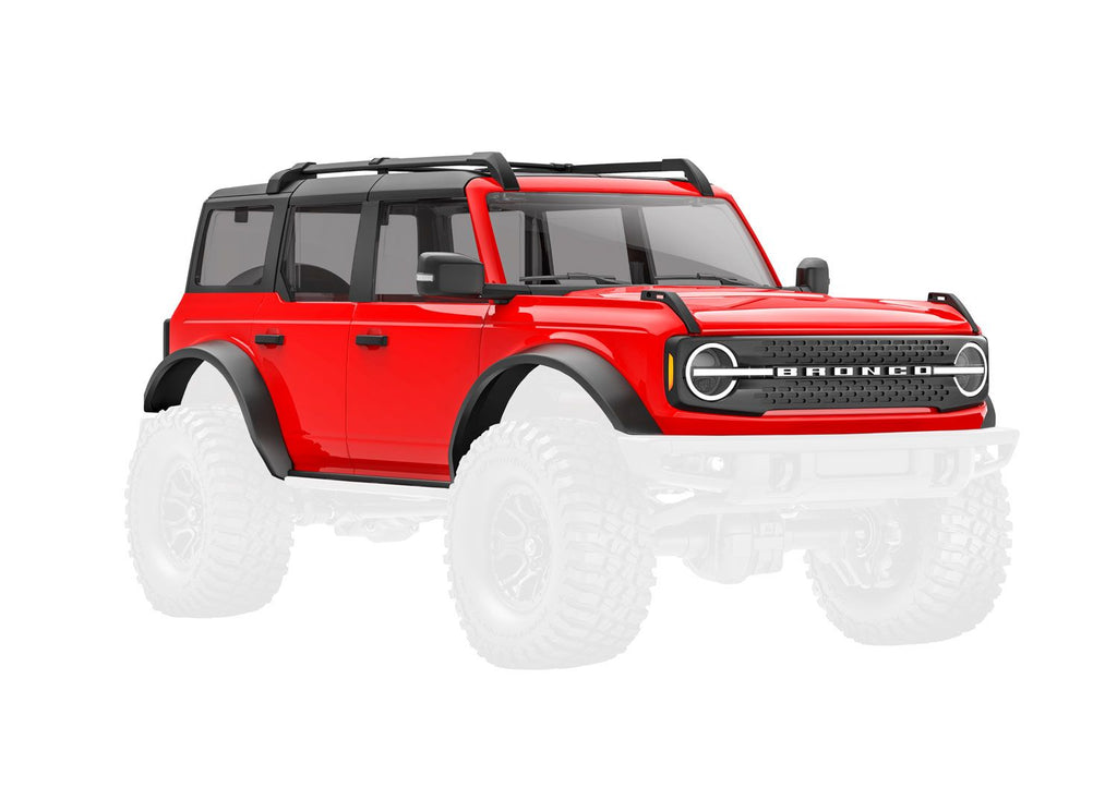 TRA9711-RED Body, Ford Bronco, complete, red (includes grille, side mirrors, door handles, fender flares, windshield wipers, spare tire mount, & clipless mounting)
