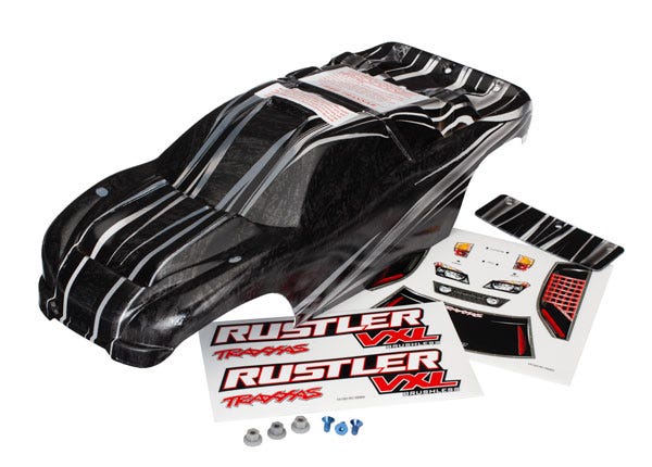 TRA3719 Body, Rustler VXL, ProGraphix (replacement for the painted body. Graphics are printed, requires paint & final color application)/decal sheet/ wing and aluminum hardware