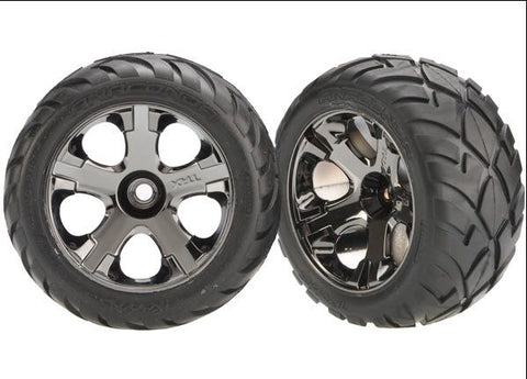 TRA3777A NITRO FRONT ONLY Tires & wheels, assembled, glued (All-Star black chrome wheels, Anaconda tires, foam inserts) (1 left, 1 right)