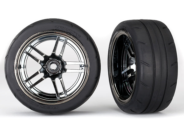 TRA8374 Tires and wheels, assembled, glued (split-spoke black chrome wheels, 1.9' Response tires) (extra wide, rear) (2)